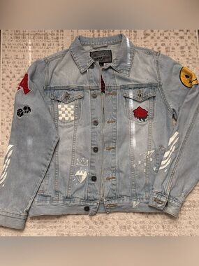Light Wash Patch Denim Jacket with Embroidered Rose